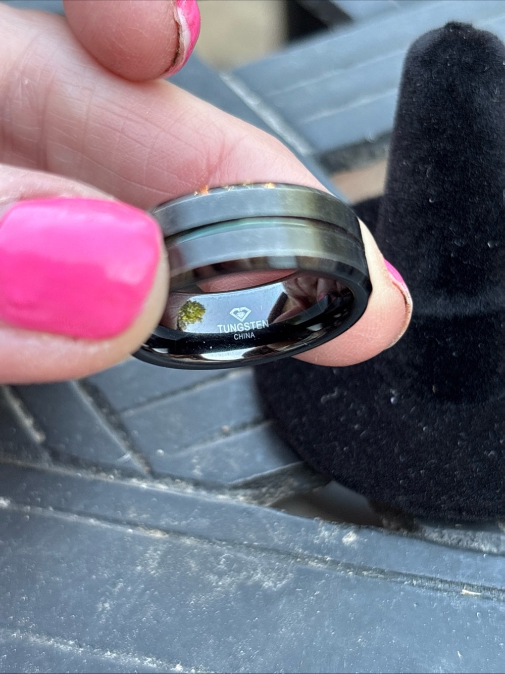 Black Tungsten Ring with Brushed Gray Inlay  sz 8 1/2
